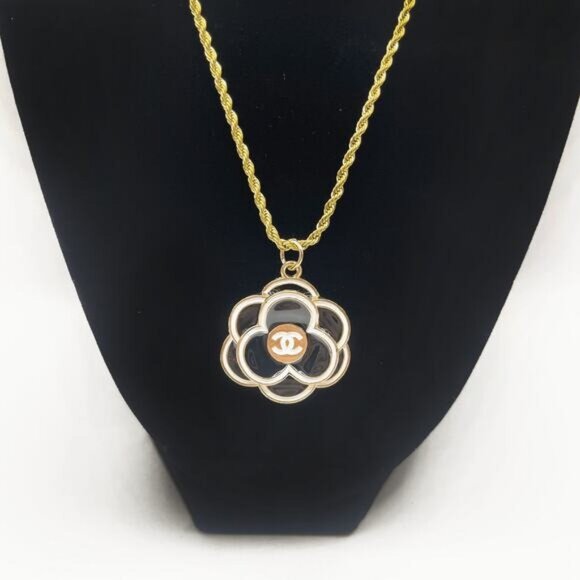 Jewelry - CHANEL CC Charm Pendant Camellia Black on Necklace Gold Plated Chain
